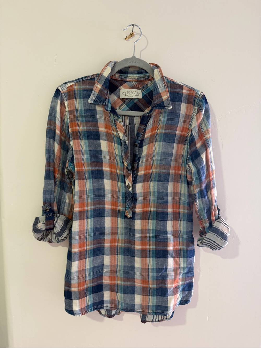 Orvis Plaid Button-Front Shirt in Blue, Orange & White